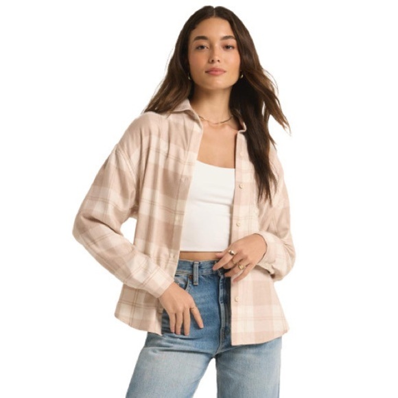 NWT Z Supply Evereve River Plaid Button Up in Putty Sold Out Online Size M Cottn - Picture 1 of 13